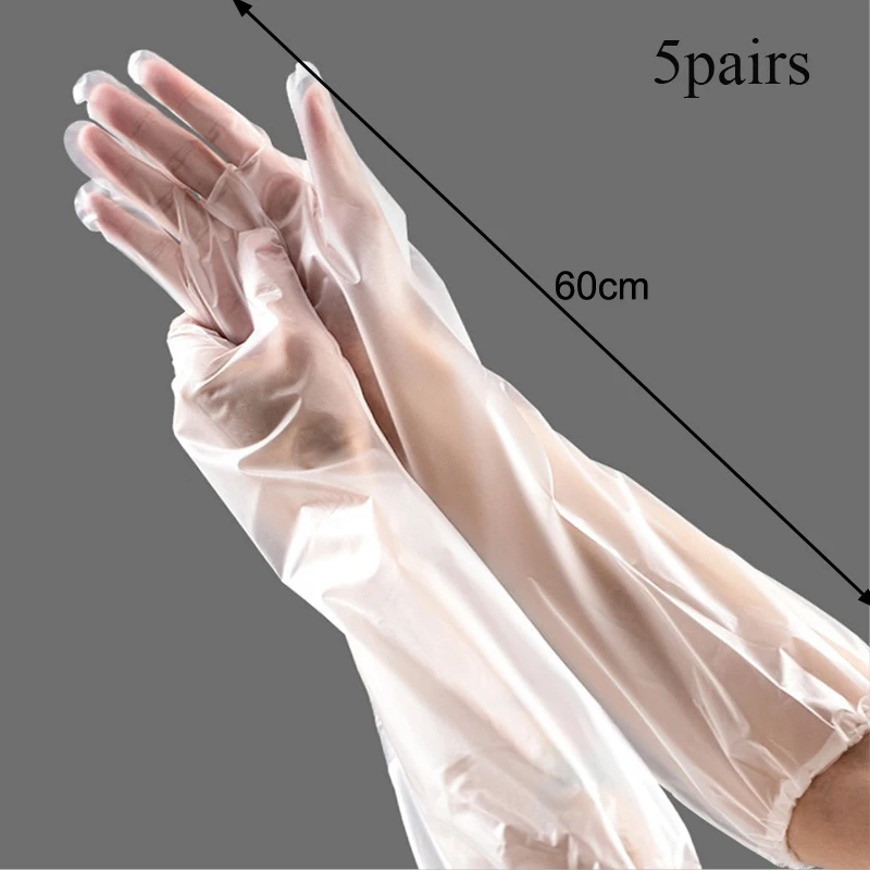 5 Pairs Disposable Extended Thick Arm Protection Household Gloves, Food-grade 60cm Waterproof Cpe Housekeeping Gloves