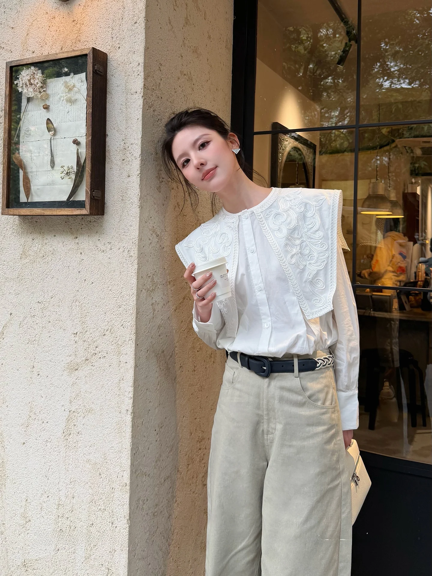 

Ele Long Sve Embroidered Floral irt Women's Cotton Blend Collared Blouse Youthful Sle Comfortable Fit Pure Color