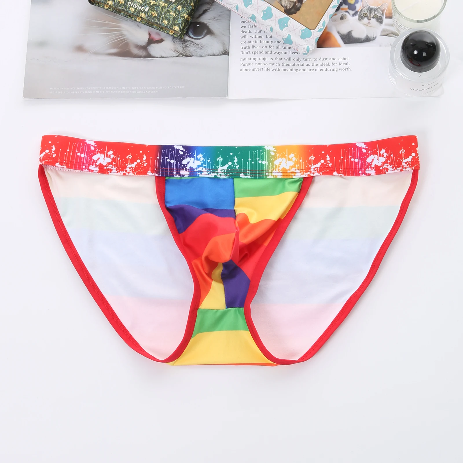 Sexy Slips Regenbogen-Unterwäsche Herren-Panties Erotischer Bulge-Pouch High-Cut Breiter Bund Sonnenblumen-Print Unterhosen Slips – Detail 13