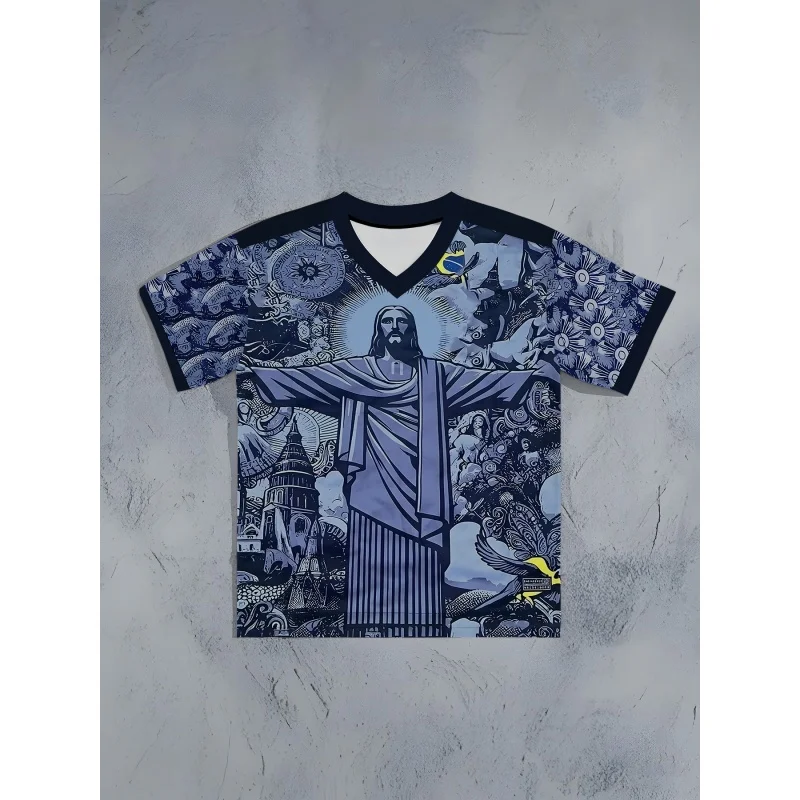 Men 3D Print Rio Christ Statue Brazil Flag T‑Shirt Summer Casual O‑Neck Loose Short‑Sleeve Tee Streetwear Apparel Fan Tee