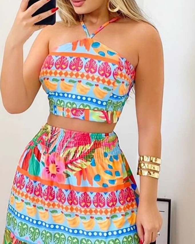 Women's Two Piece Set Summer Vacation Fashion Vintage Tropical Print Halter Sleeveless Crop Top and High Waist Maxi Skirt Set