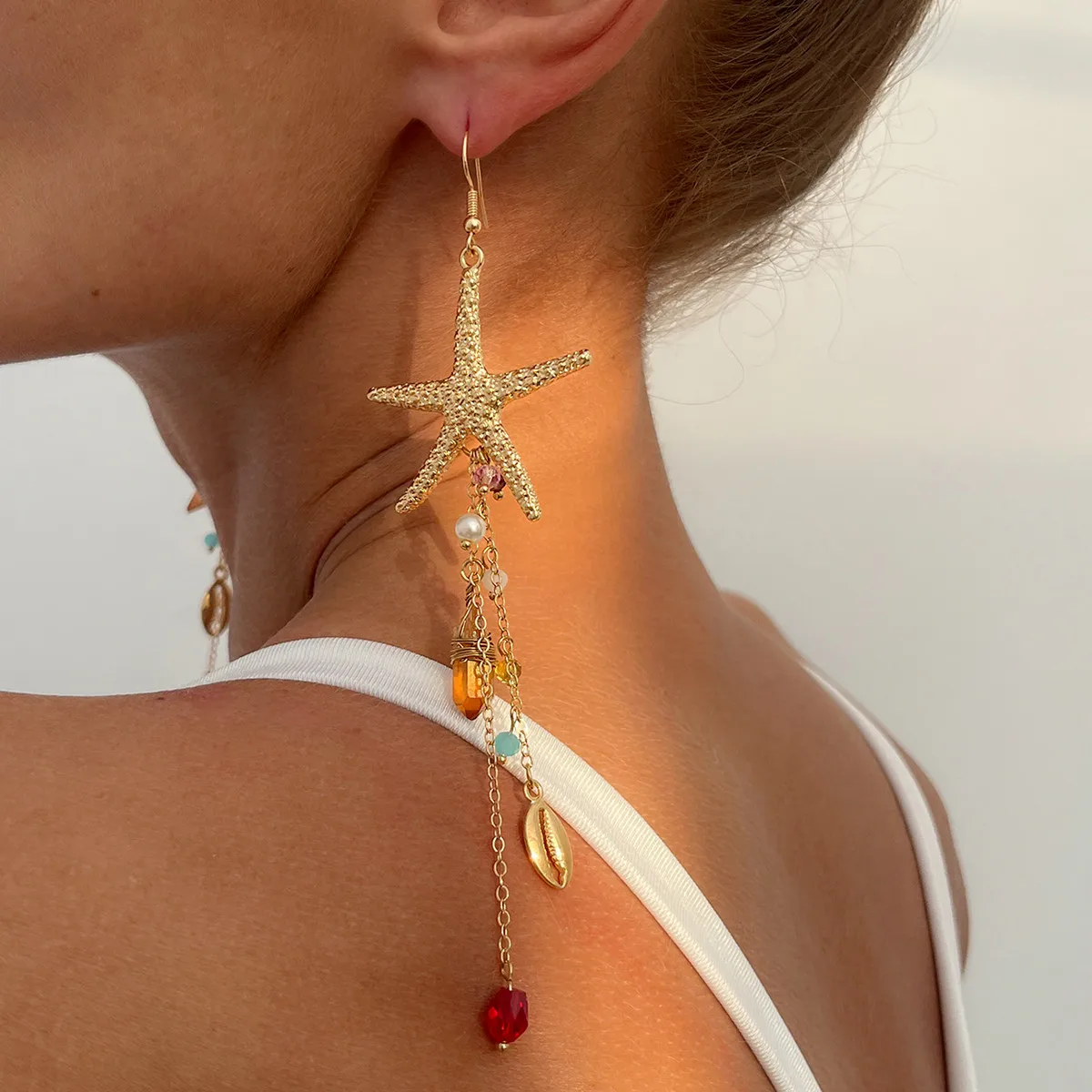 SHIXIN Bohemian Big Starfish Pendant Earrings for Women Crystal Acrylic Beads Tassels Drop Hanging Earring Summer Beach Jewelry