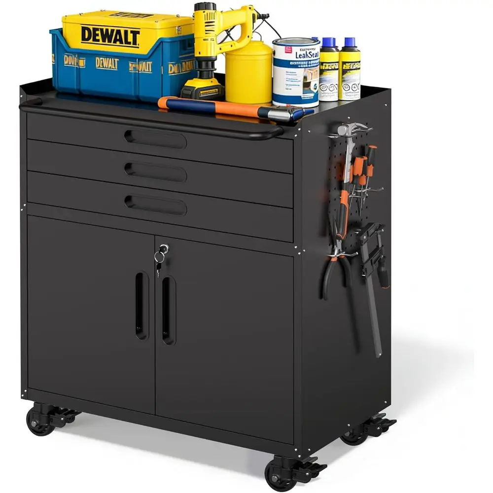 Portable Heavy-Duty Rolling Tool Cabinet with 3 Drawers, 2 Doors, Workbench, Black, Assembly Required