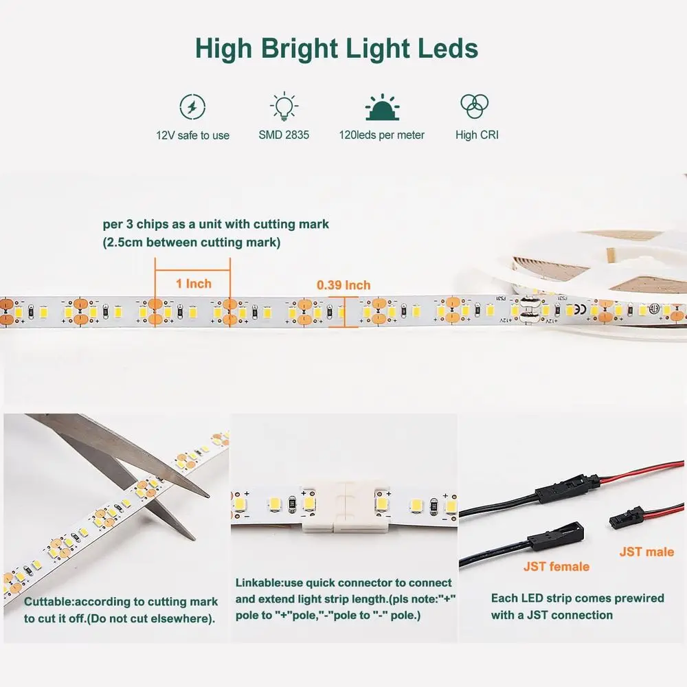 120 LEDs/M أبيض دافئ 1000 لومن/م 9.6 وات/م CRI 90+ 12 فولت شريط إضاءة LED قابل للتعتيم، 2700 كلفن، 32.8 قدم، أبيض لإضاءة الخزانة الداخلية #3