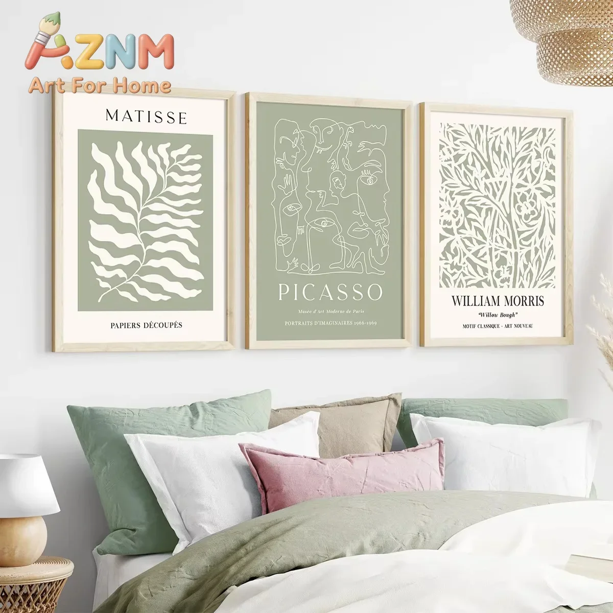 AZNM3pcs Bohemian Green Abstract Geometric Plant Line Murals, Matisse Mural Prints, Simple Living Room and Room Home Decoration