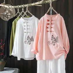 Women Chinese Ethnic Style Vintage Button Blouses Chic Embroidery Stand Collar Shirts Female Cotton Linen Long Sleeve Loose Tops