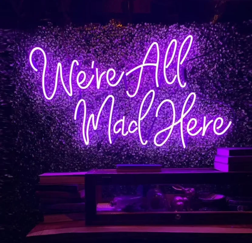 

Custom We're All Mad Here Led Transparent Acrylic Cute Neon Sign Light Wall Hanging Decoration for Child Home Bedroom Party Gift