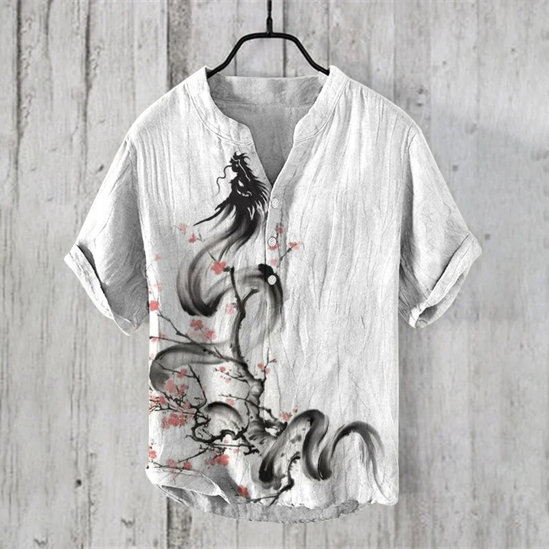 Henley Kraag Zomer Heren Casual Print T-Shirts Met Korte Mouwen Voor Mannen Japans Art Shirt