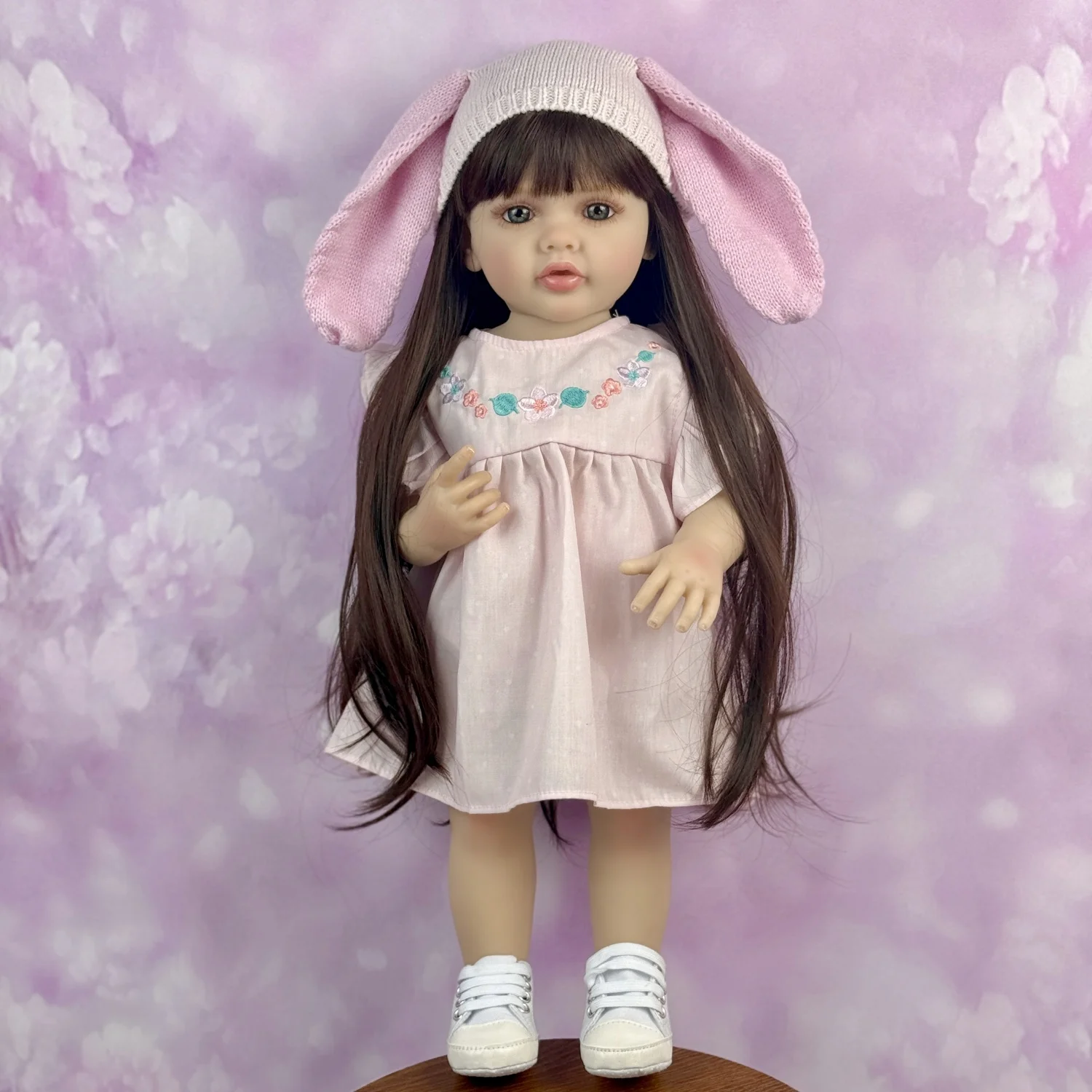 

55 CM Full Vinyl Body Reborn Baby Doll Toy For Girl Dress Up Black Long Hair Princess Toddler Bebe Birthday Gift Bath Toy