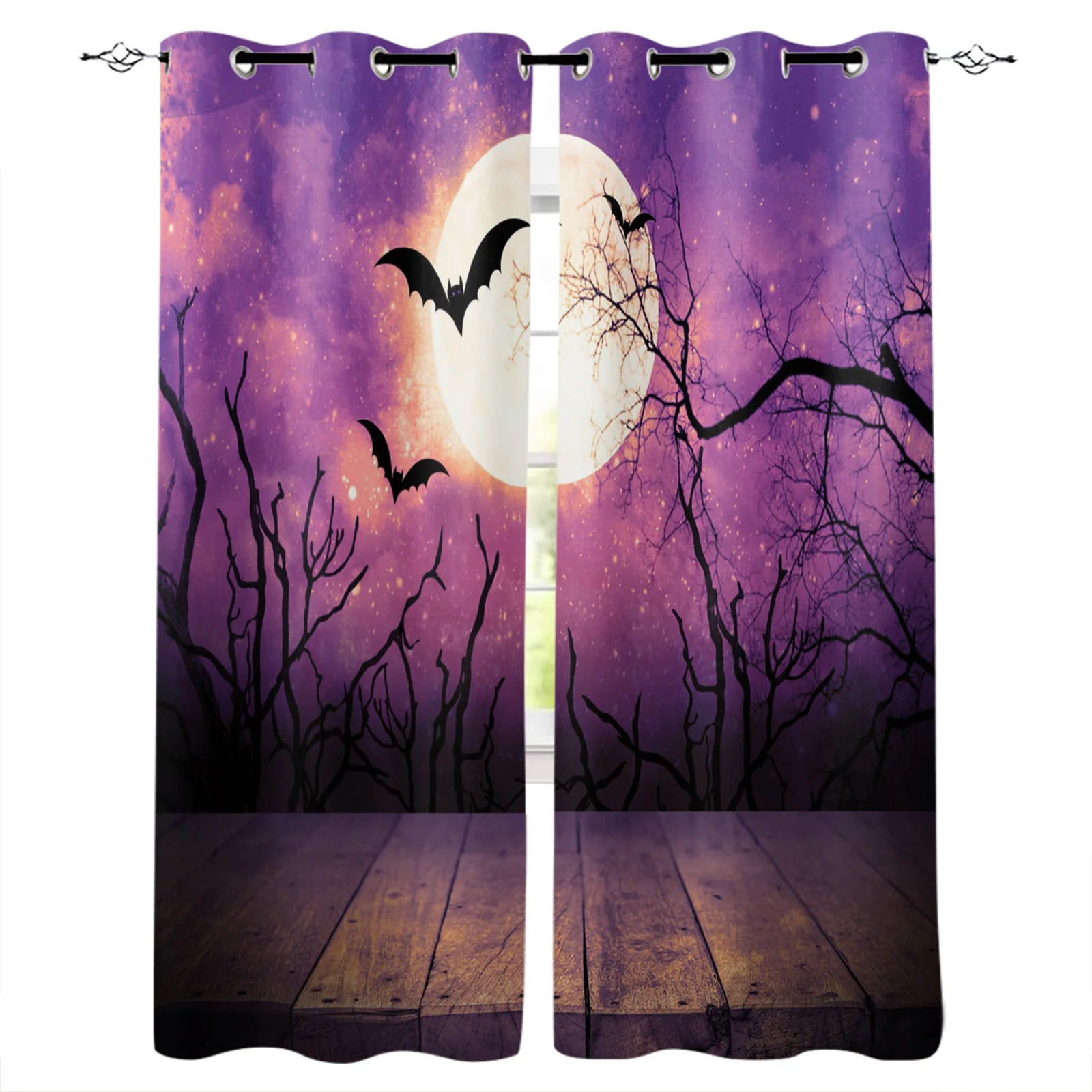 Wooden Table Halloween Purple Window Curtains Window Blinds Living Room Decor Bedroom Kids Curtain Panels With Grommets