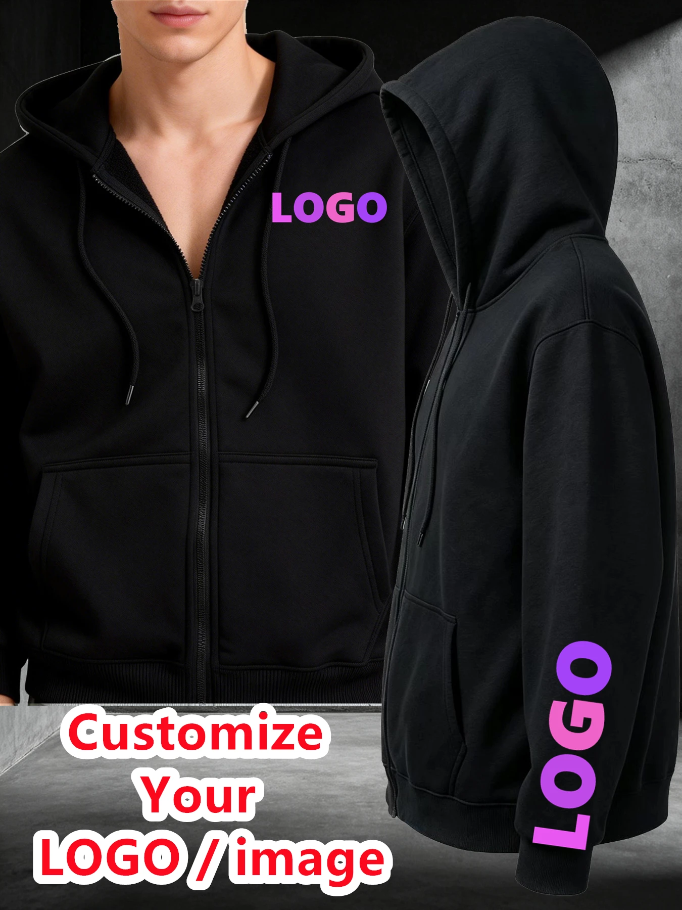 Men's Custom Full-Zip Sweatshirt with Personalized Logo/Text Printing – Loose-Fit Zip Hoodie, Ideal for Wedding Gifts, Birthday