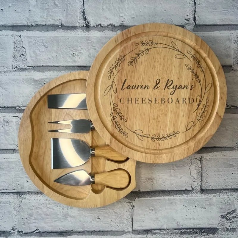 Free Personalised Cheese Board Set With Sliding Drawer Rotating Plate for Wooden Cutting Wood Charcuterie With Tray Wedding Gift