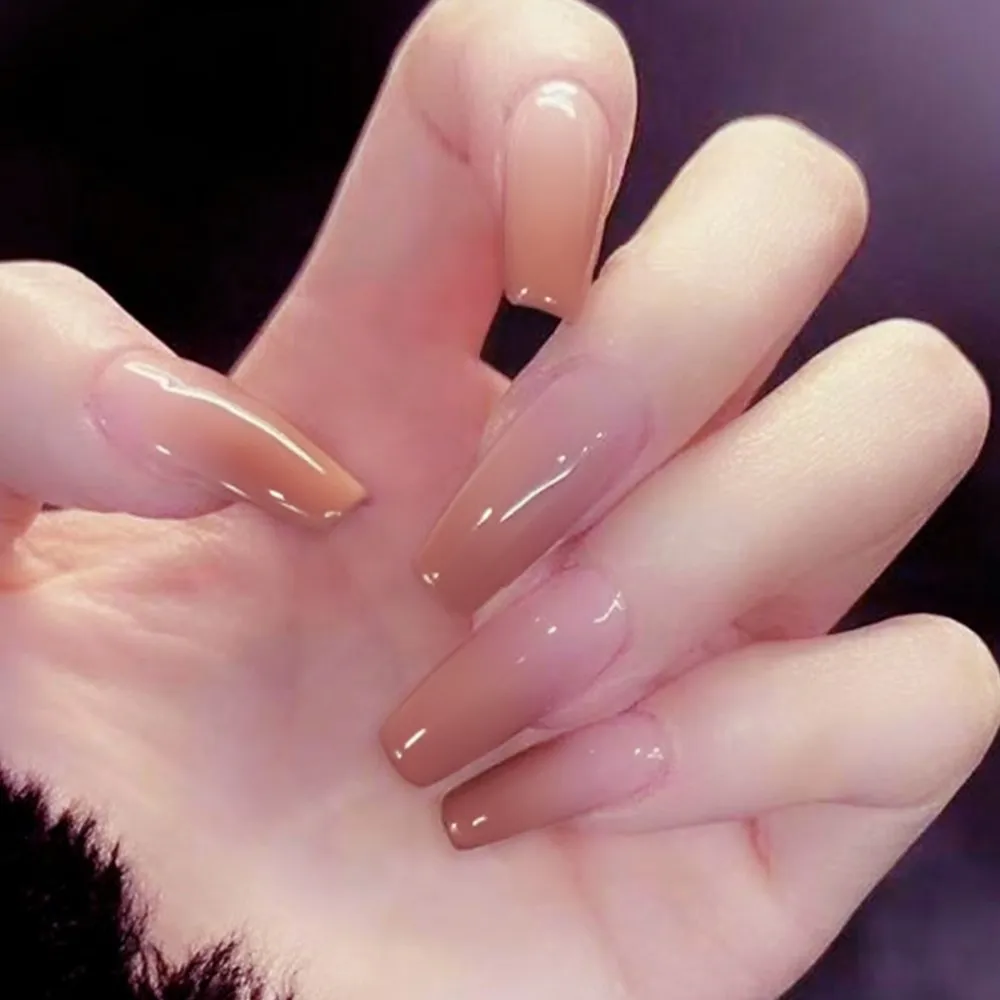 

24Pcs Gradient Brown French False Nails With Glue Acrylic Press On Fake Nail For Woman Ballerina Coffin Shaped DIY Manicure Tool