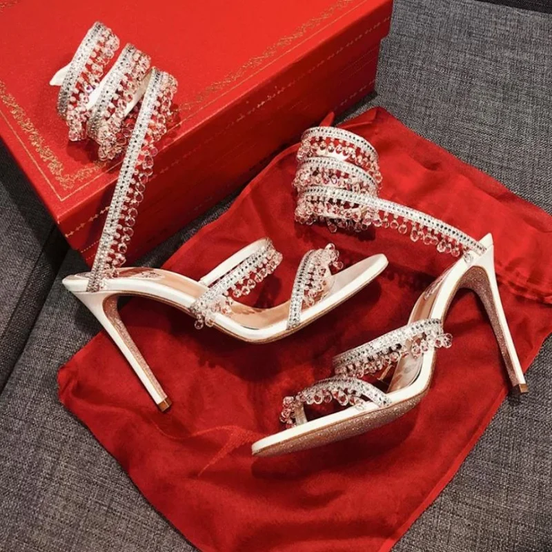 Woman Sexy Pearl Studded Women Sandals Snake Shape Ankle Strappy High Heel Party Wedding Shoes Open Toe Narrow Band Runway Shoes