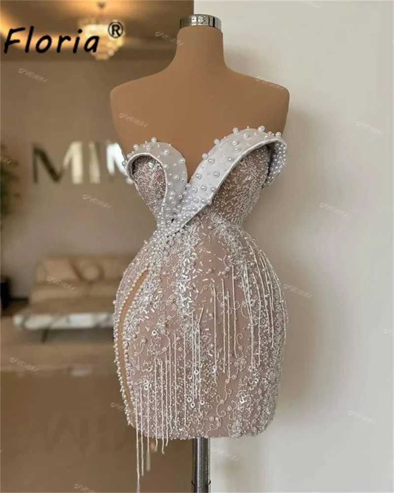 Sexy White Pearls Tassel Cocktail Dress Backless Lace Short Prom Dresses vestidos de fiesta elegantes para mujer2024 Mini Gala