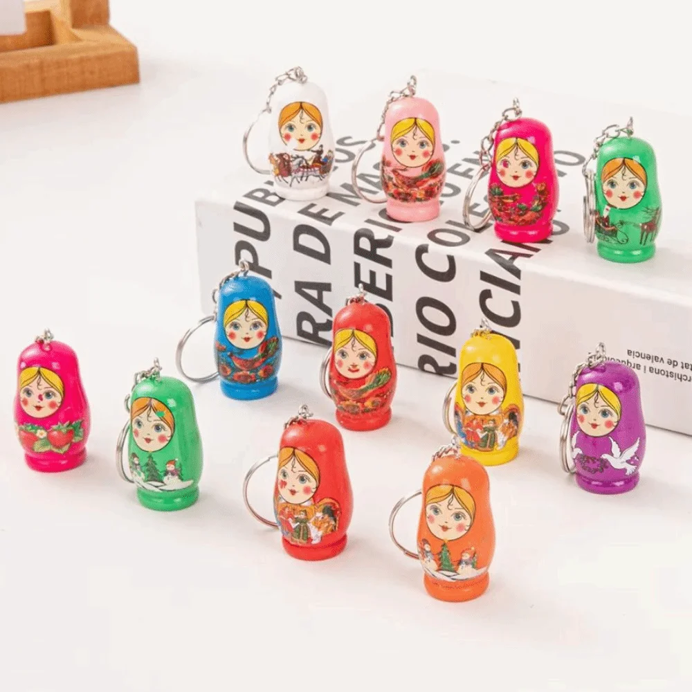 12pcs/set Matryoshka Russian Matryoshka Russian Dolls Key Rings Key Rings Drip Wood Wooden Stacking Dolls Pendant Craft Creative