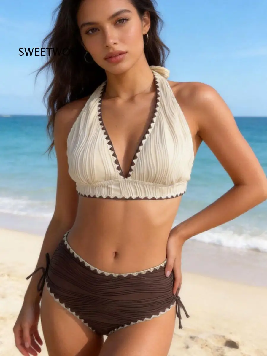 Women Retro Wave Edge Bikini Swimsuit Halter Neck Pleated Bikini Top High Cut Drawstring Swim Brief Fashion Swimwear