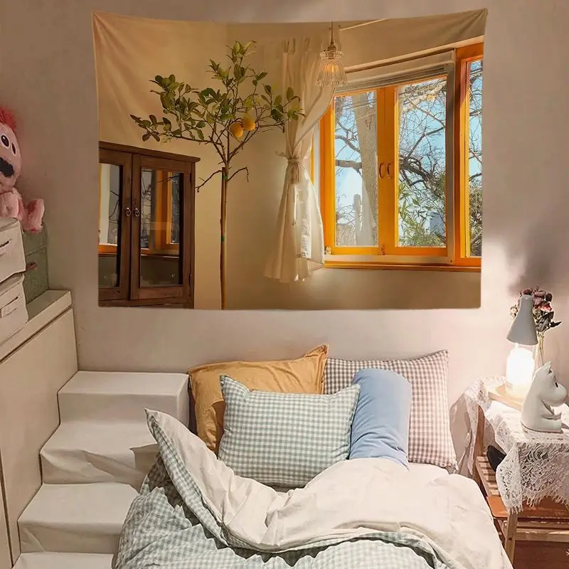 VIKAMA Simulation Window Scenery Healing Lemon Tree Tapestry High-Definition Wear-Resistant Fabric Living Room Decoration