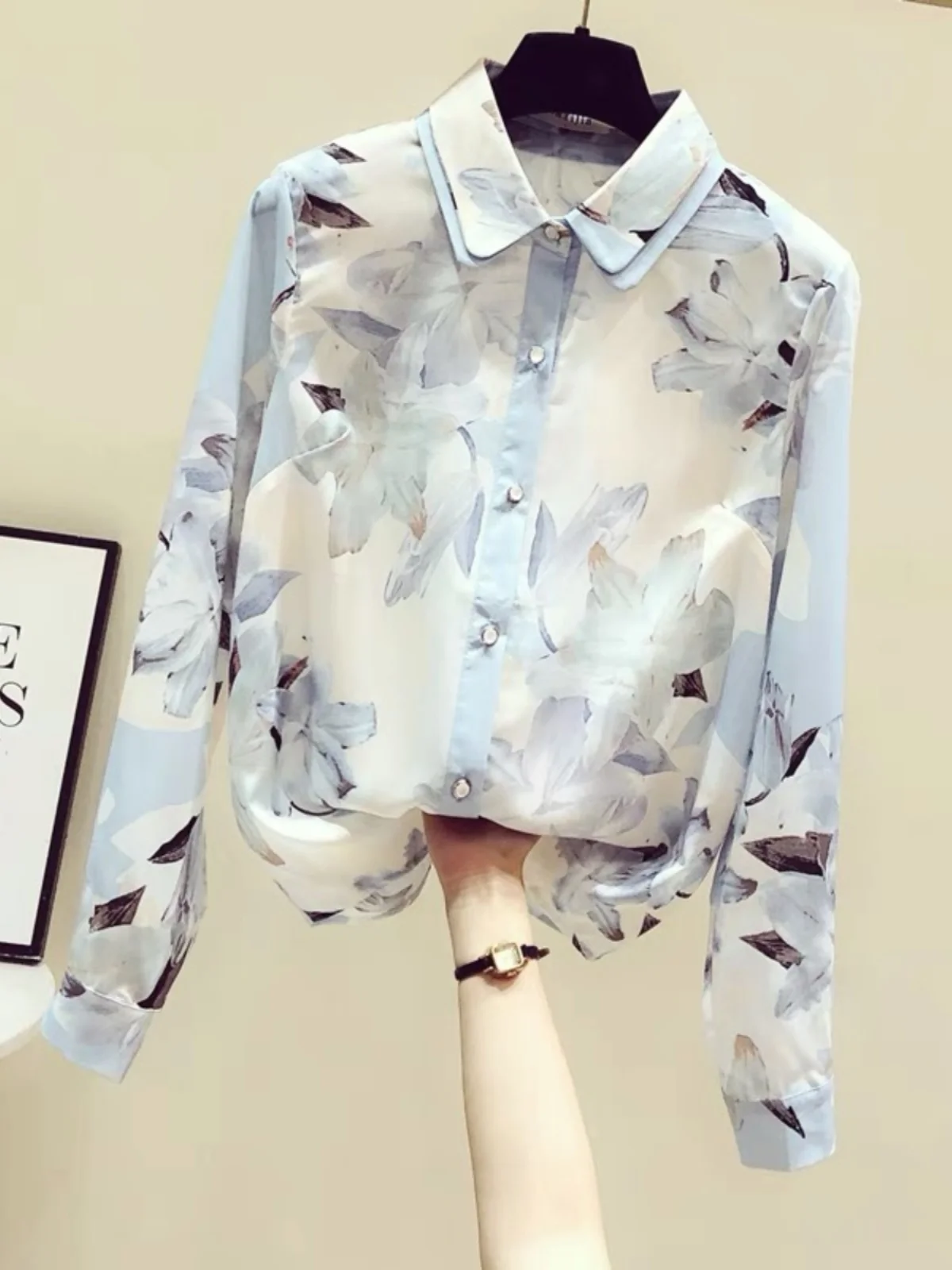 

Women Chiffon Print Shirt Korean Fashion Loose Long Sleeve Tops Casual Office Ladies All Match Shirts Spring New Buttons S02