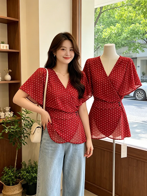 

plus Size Summer Polka Dot V-Neck Short Sleeve Shirt Women's Waist Cinching Slimming Anti-Aging Top Korean Style Commute Wind