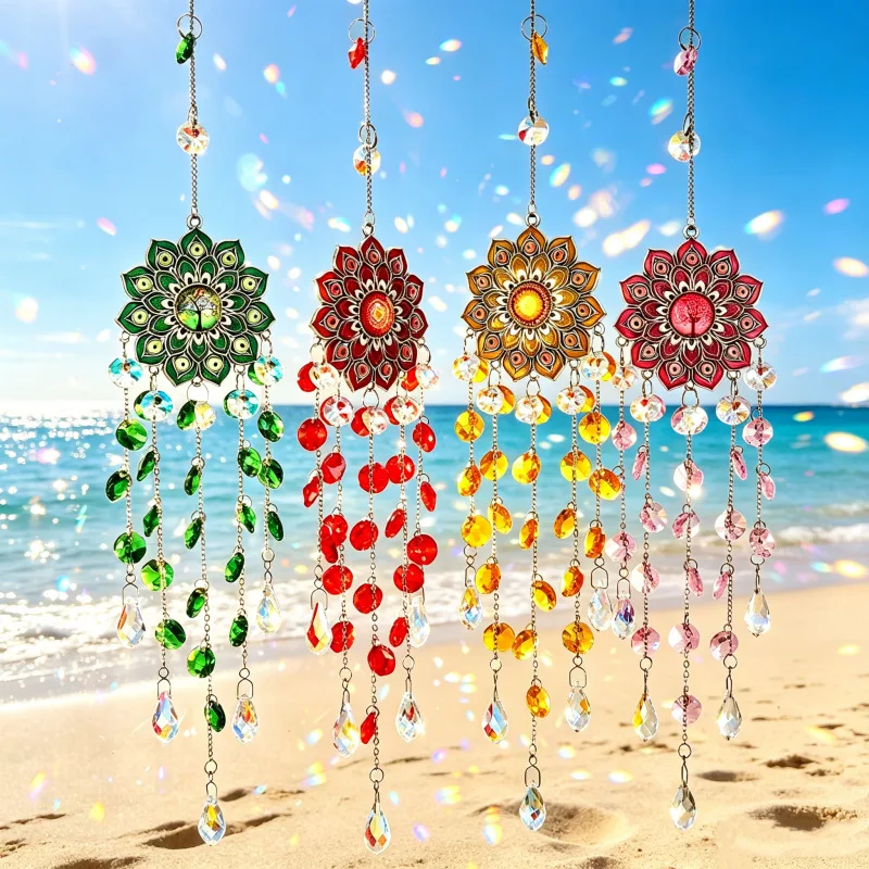 Vibrant Mandala Flower Gemstone Sun Catcher For Home Garden Window Decor Colorful Rainbow Maker With Metal Frame 21 Inch