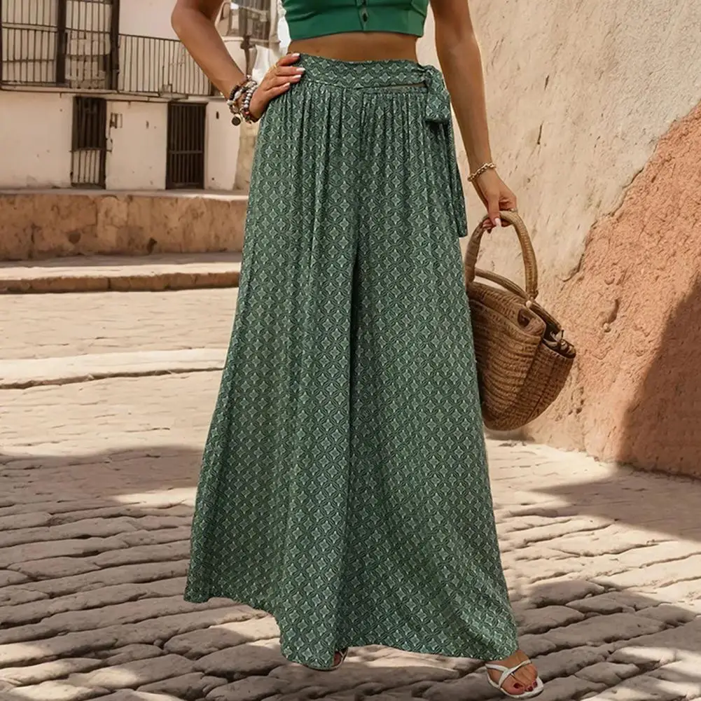 

High-waisted Trousers Stylish Lace-up High Waist Wide Leg Culottes for Women A-line Printed Ankle Length Trousers with Crotch