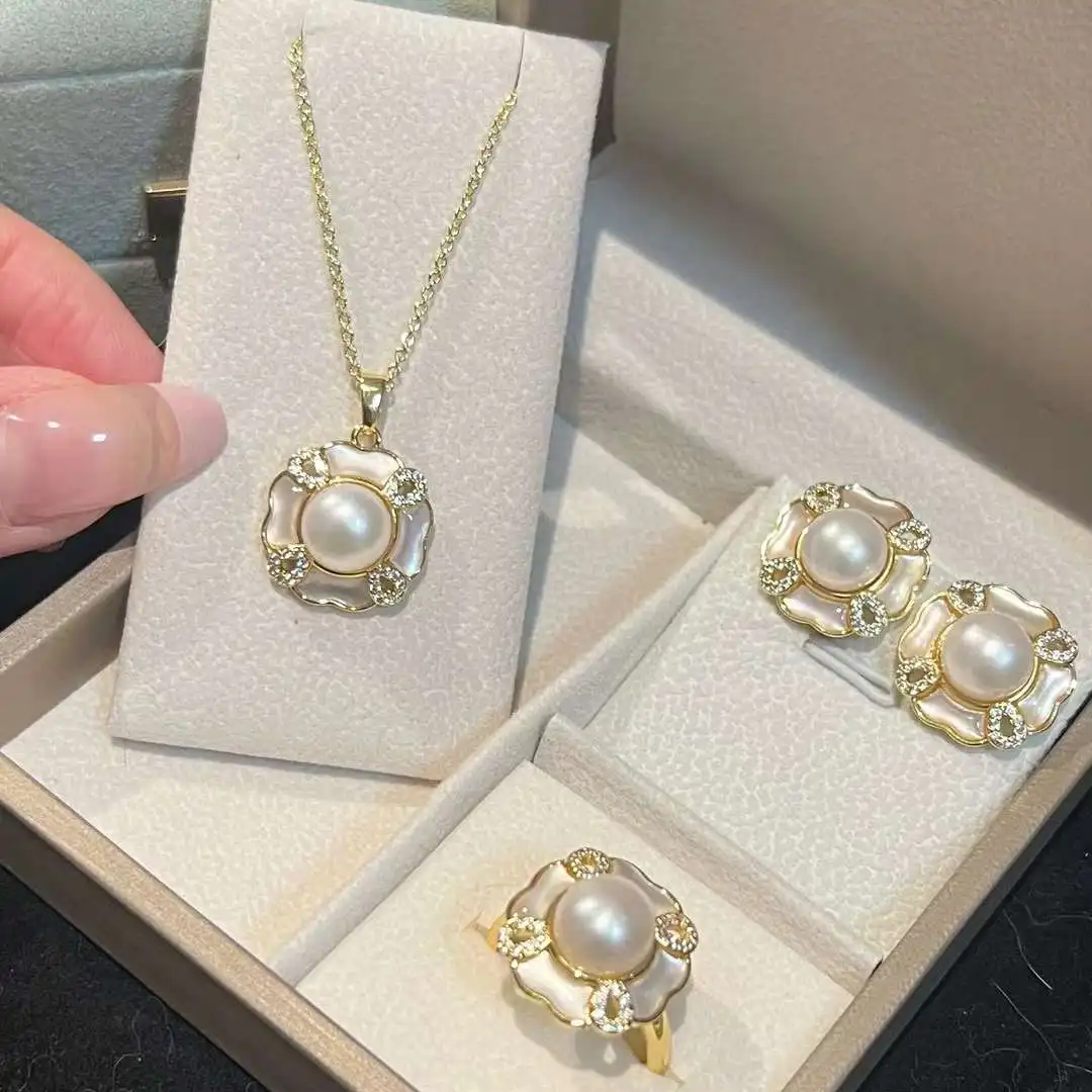 Premium Seawater Shell Inlaid Elegant Set Box 9-10MM Natural Freshwater Pearl Necklace Ring Earring Set Noble Jewelry Set