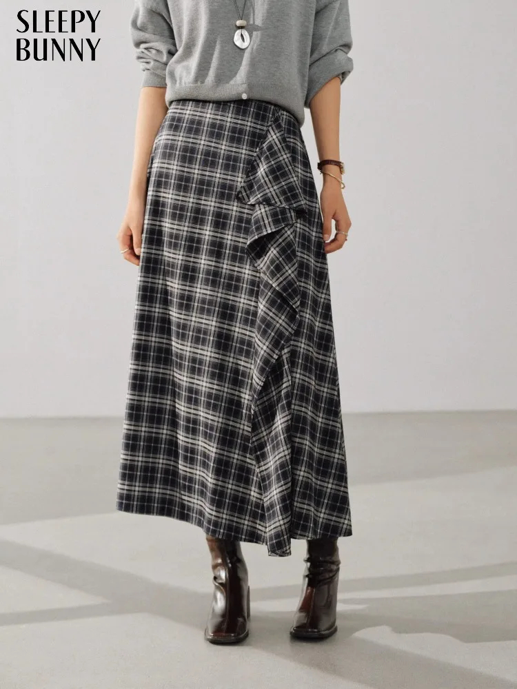 Asymmetric Plaid Midi Skirt High Waist A-Line Flowy Skirt for Women Autumn Casual Elegant Checkered Skirt with Slimming Design