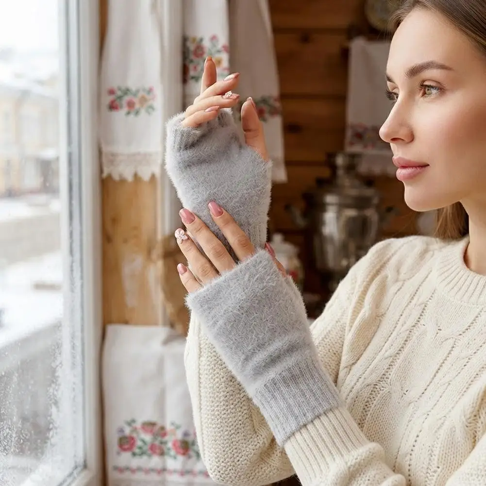 Furry Fingerless Gloves for Women Girls Fluffy Warm Winter Half Finger Knit Mittens Hand Warmers for Cold Weather Typing Driving