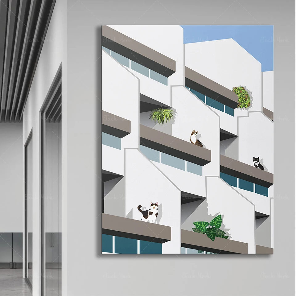 Cats on Whittington Estate Modernist Architecture Digital Illustration Poster Print Artwork for Home Decor