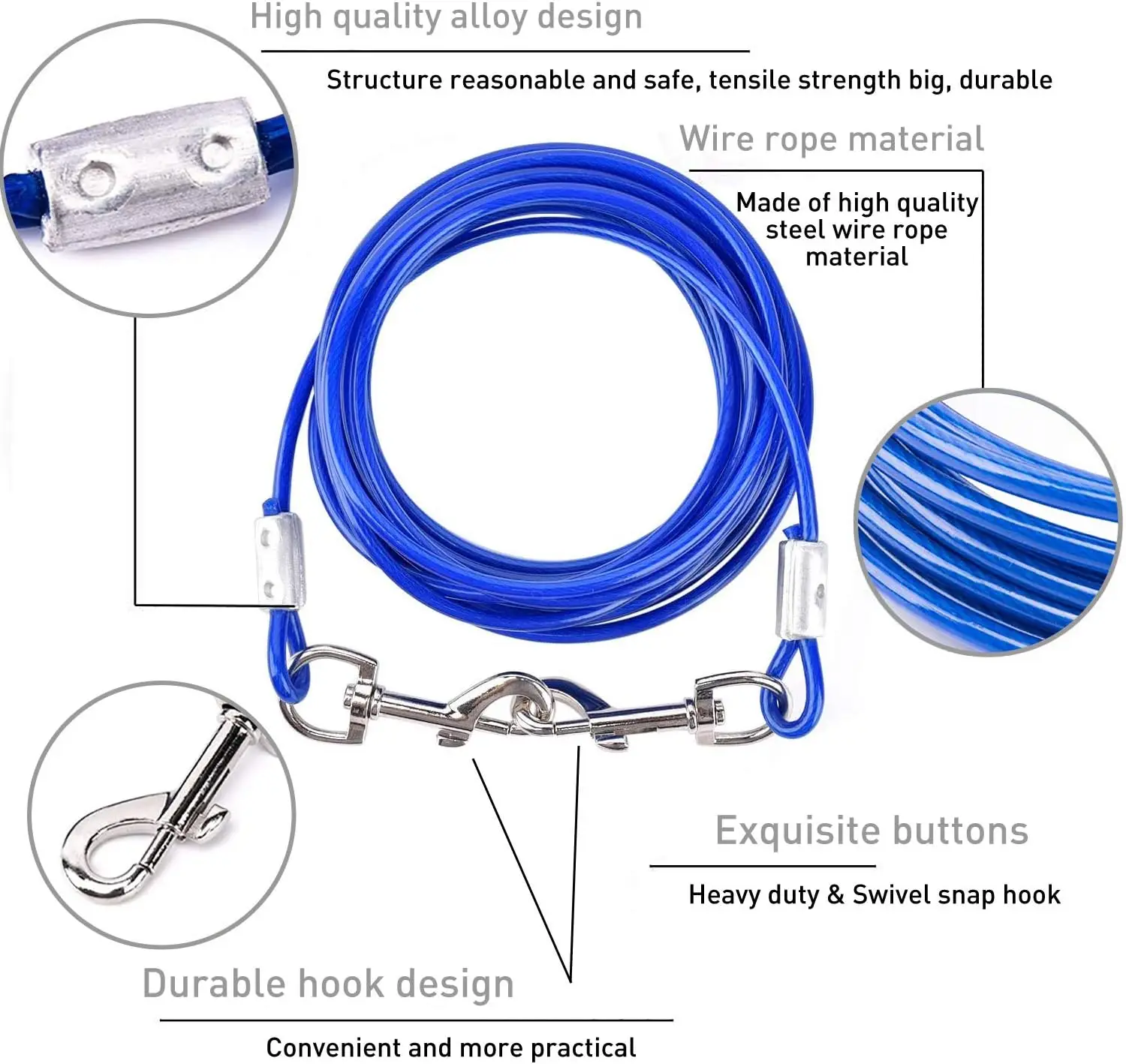 30ft Heavy Duty Dog Tie Out Cable with Anti-Rust Stake, Blue Leash for Medium-Large Dogs Up to 125 lbs 5
