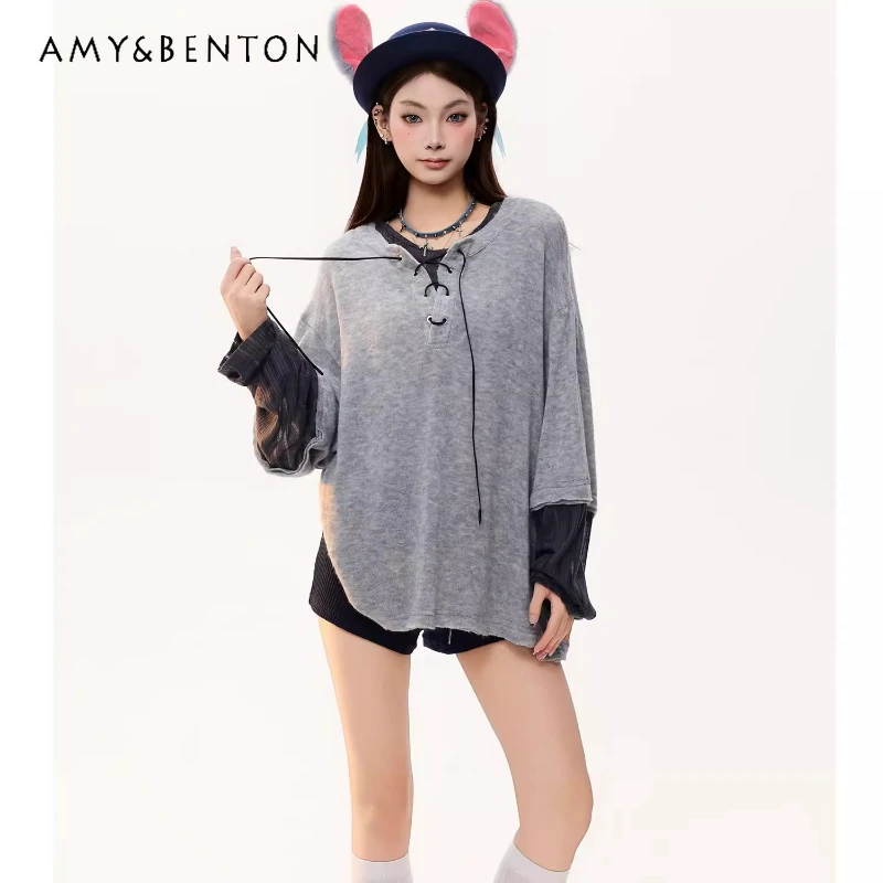 

American Retro Design Fake Two-Piece Tie Women's Long Sleeve T-Shirt 2026 Spring New Loose Slimming Age-Reducing Tops Ladies