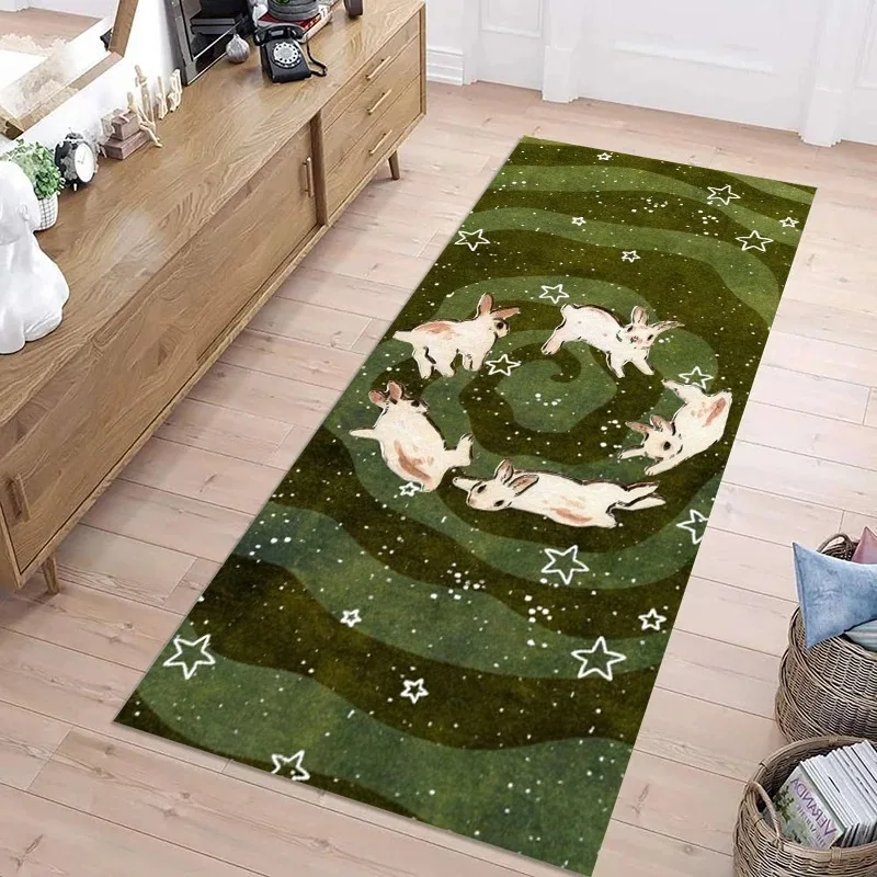 Cute Green Starry Rabbit Non-slip Soft Washable Runner Rug for Hallway Kitchen Bedroom Home Decoration