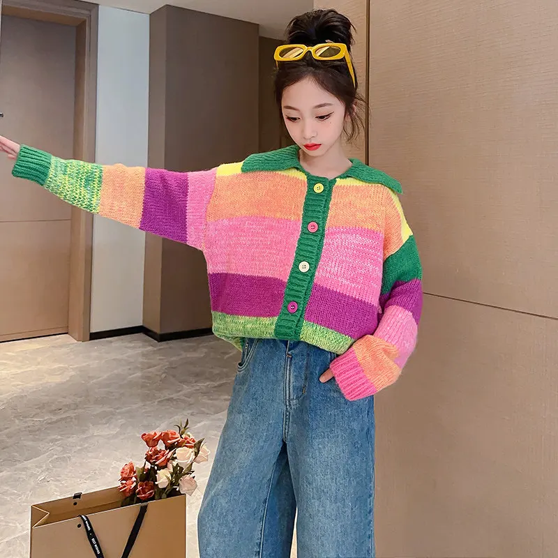 Casual cotton School Girl Rainbow Knit Cardigan Sweater Kids Single-Breasted Patchwork Long Sleeve Sweater Fashion Teen Clothes