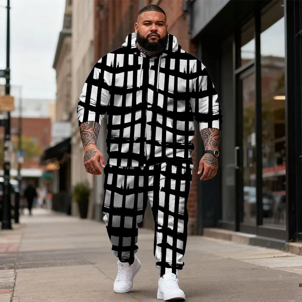 

S-9xl plus size Men's Casual Hoodie Set with Plaid & Texture Accents - 2-Piece Warm Outfit, High-Quality Fabric