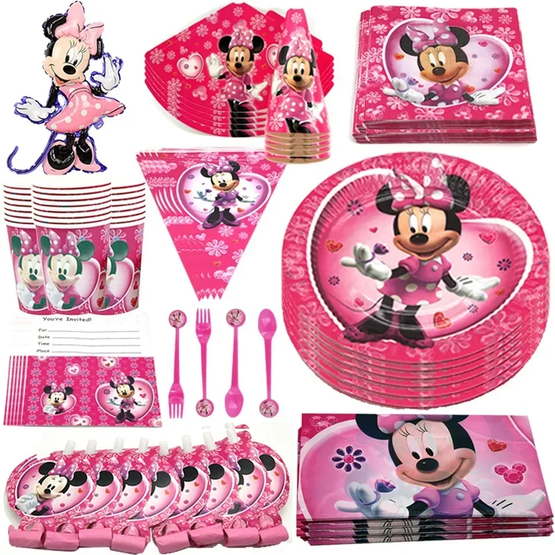 

Minnie Mouse Girls Birthday Party Decorations Disposable Tableware Set Paper Cup Plate Tablecloth Decor For Baby Shower Supplies