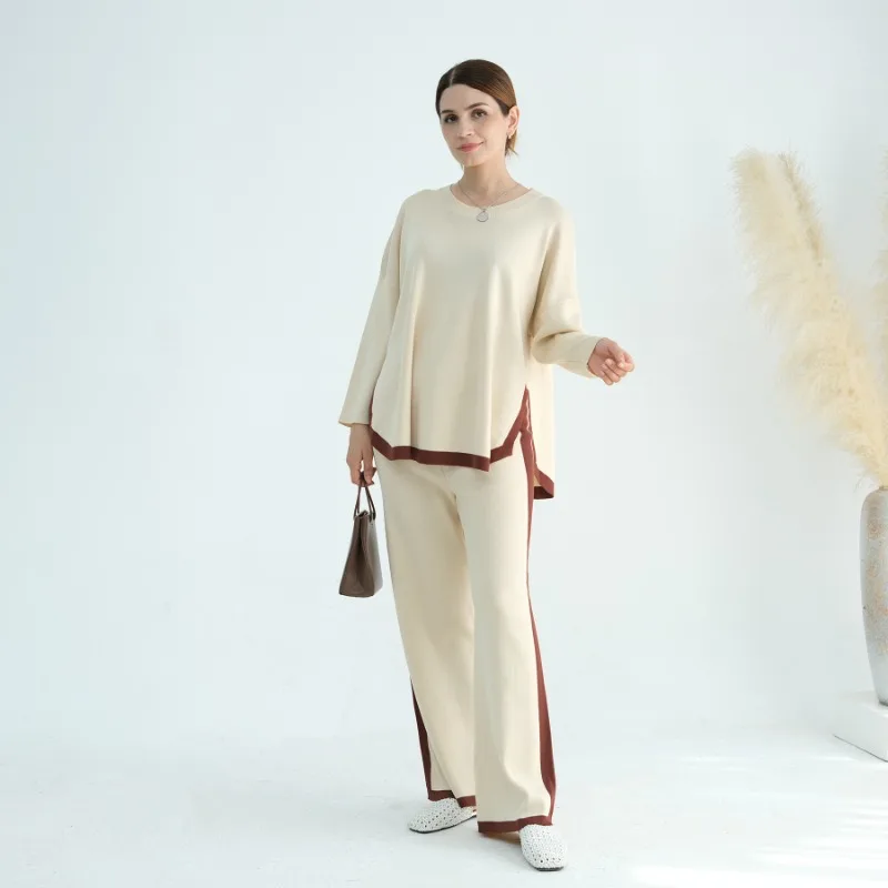 

Ramadan Knitted Sweater Plain 2 Piece Set for Woman Muslim Abaya Set Tops Pant Modest Islam Caftan Robe Femme Musulmane Kaftan