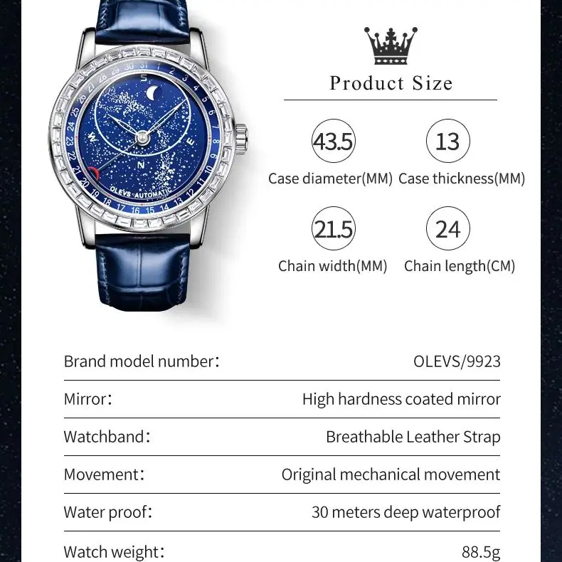 OLEVS 9923 Men\'s Automatic Mechanical Watch Luxury Diamond Starry Sky Waterproof Luminous Dial Fashion Blue Leather Men\'s Watch