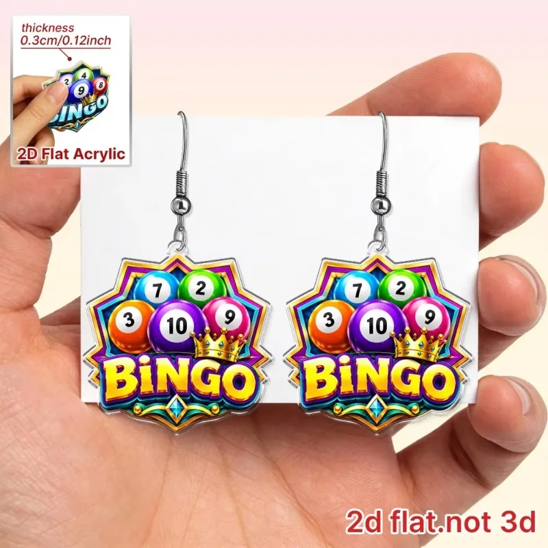 2D Flat Cute and Fun Style Colorful Bingo Ball Acrylic Earrings Number Balls Hook Game Themed Festival Women Jewelry Gift