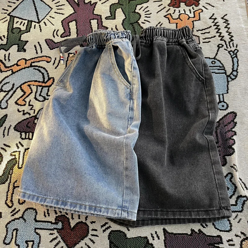 Celana Pendek Denim Biru Musim Panas Pria Celana Longgar Kasual Saku Solid High Street Amerika Baru Celana Panjang Serut Serbaguna Mode