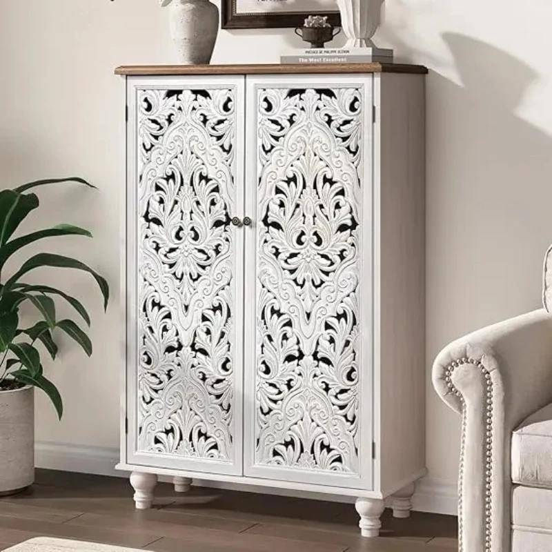 Tall Storage Cabinet with Doors and Shelves, Wood Accent Cabinet with Distressed Finish, Buffet & Sideboard for Living Room