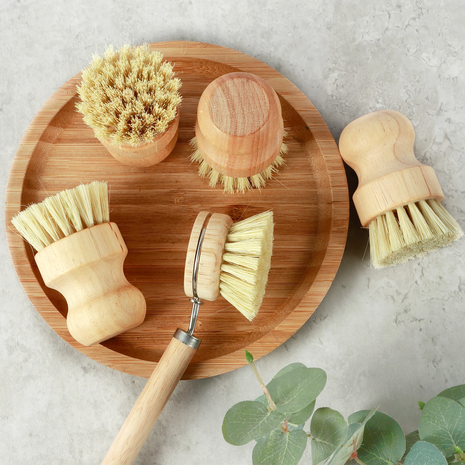 5pcs Dish Cleaning Brush Set Kitchen Scrub Pan Sisal Wood Handle Natural Brush Set Dish Scrubber Brute Force Dishwashing