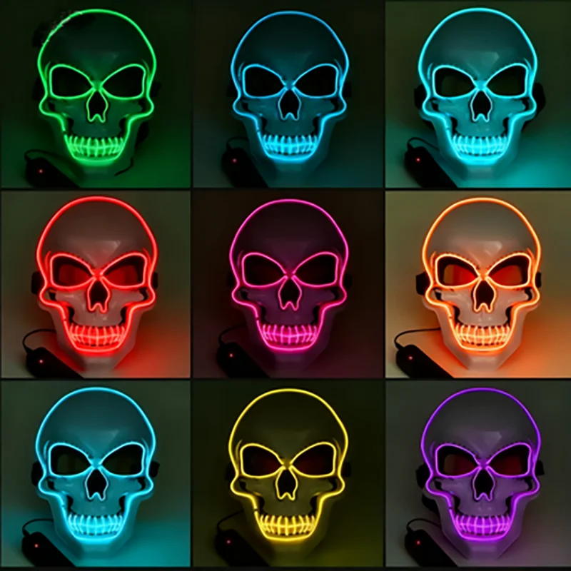 قناع جمجمة رعب الهالوين قناع الضوء البارد LED - مناسب للهالوين، يوم الموتى، عيد الفصح - قناع توهج الرعب للبالغين، القاعة