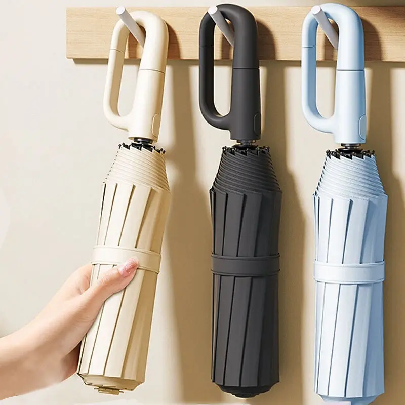 10-Rib Auto Open & Close Folding Umbrella with 3+3 Segmented Ribs & Loop Buckle Handle, Black Glue Coated UV Protection Windproo