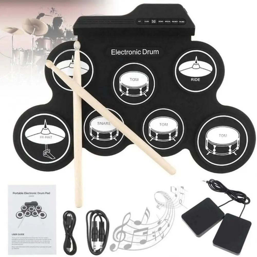 1 caja de 7 almohadillas, batería electrónica USB con Pedal de sostenido, tambor electrónico portátil, rollo de mano, práctica de mano para principiantes