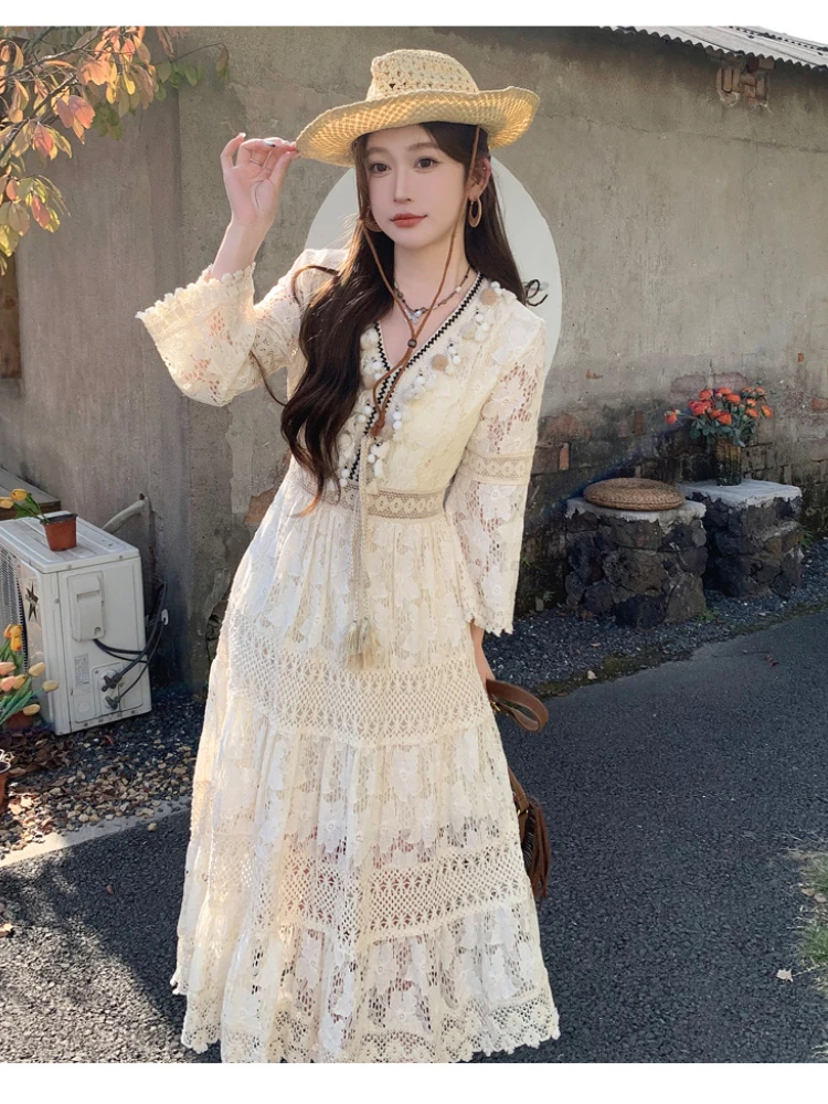 French Court Style Dress Women Vintage Mesh Hook Flower V-neck Tassel Design Long Dress Summer Clothing for Women