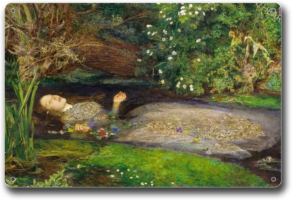 Metal Tin Signs Ophelia By John Everett Millais Preraphaelite Art Lady Among FlowersBar and Restaurant Decoration 8x12inch Tin S