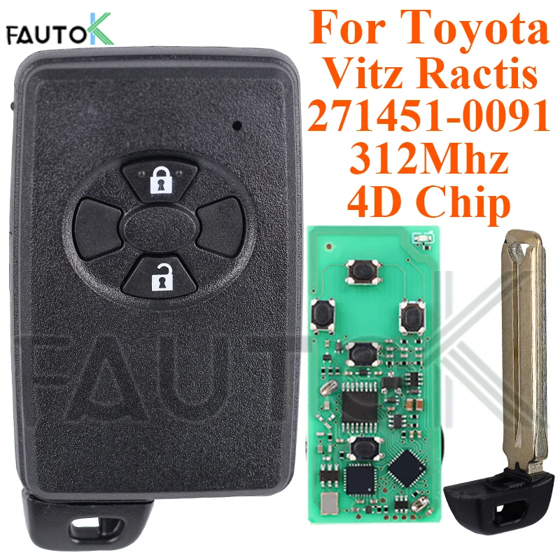 Car Smart Remote Control Key Case Keyless Start 2 Buttons for Toyota Vitz Ractis IST 2005-2013 4D Chip 312Mhz FCC 271451-0091