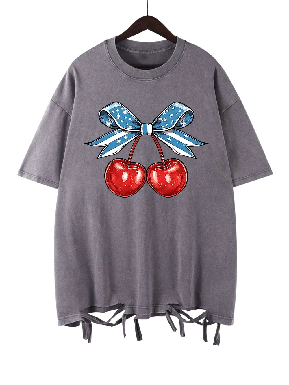 

Flag Bow Cherry Design Prints Washed T Shirts Women Cotton Tops O-Neck Comfortable Distressed Streetwear Summer Woman Clothes