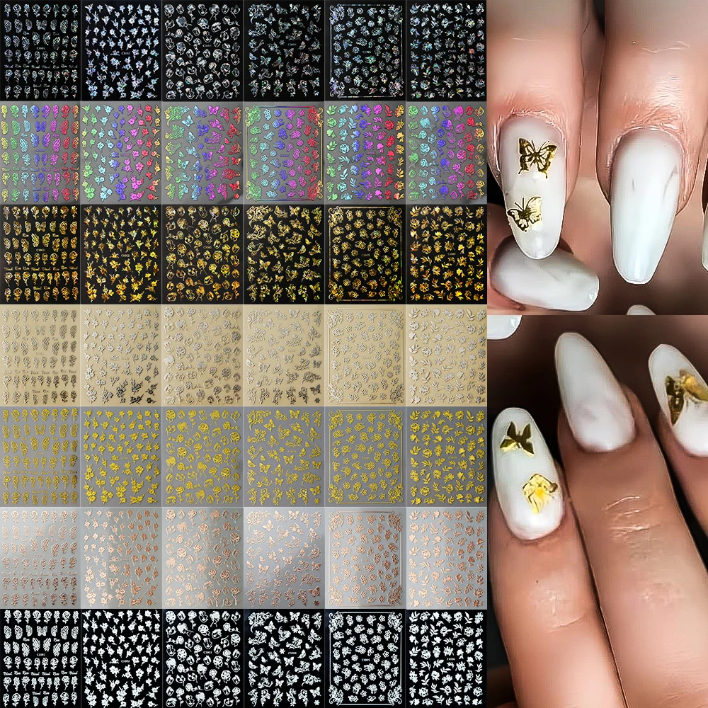 6Pcs 3D Laser Holographic Butterfly Nail Sticker Gold Bronzing Butterfly Nail Decals Floral Leaves Manicure Slider Foil Stickers